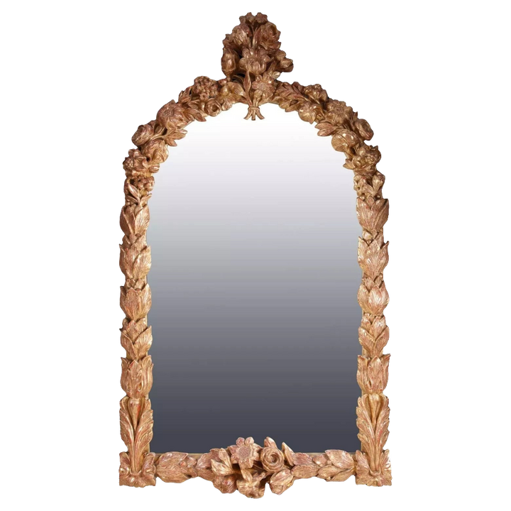 19th Century Giltwood Overmantel Mirror with intricate carved giltwood frame, French, circa 1875, large decorative piece.