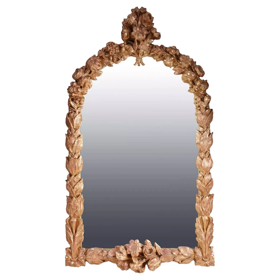 19th Century Giltwood Overmantel Mirror with intricate carved giltwood frame, French, circa 1875, large decorative piece.