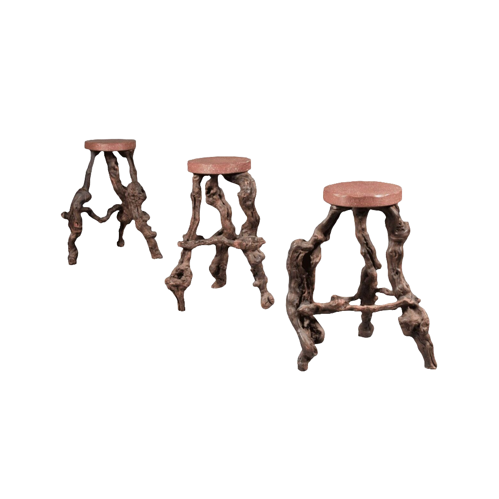 A Set of 3 gnarled Vine and Faux Porphyry Bar Stools