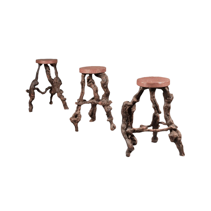 A Set of 3 gnarled Vine and Faux Porphyry Bar Stools