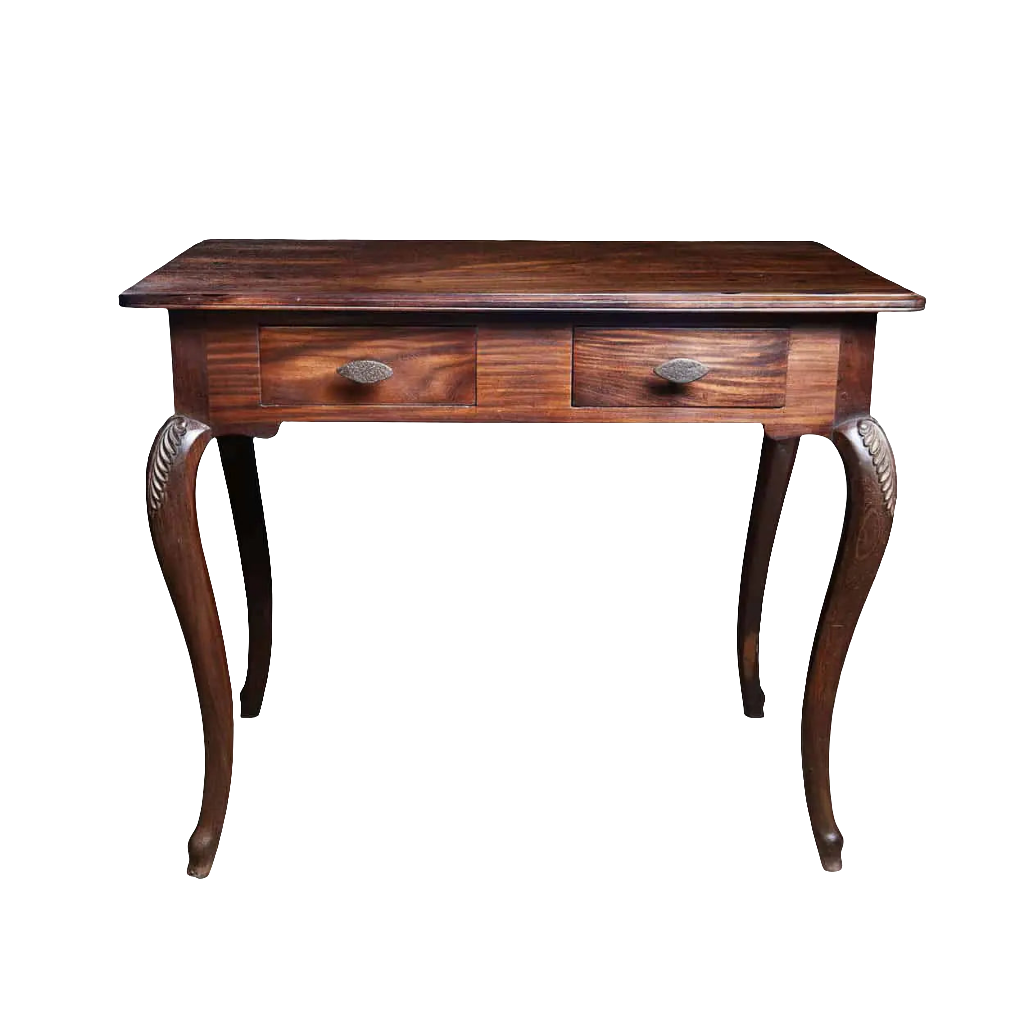 Ceylonese Writing Table with single long drawer, carved cabriole legs, dark wood finish, classic antique style.