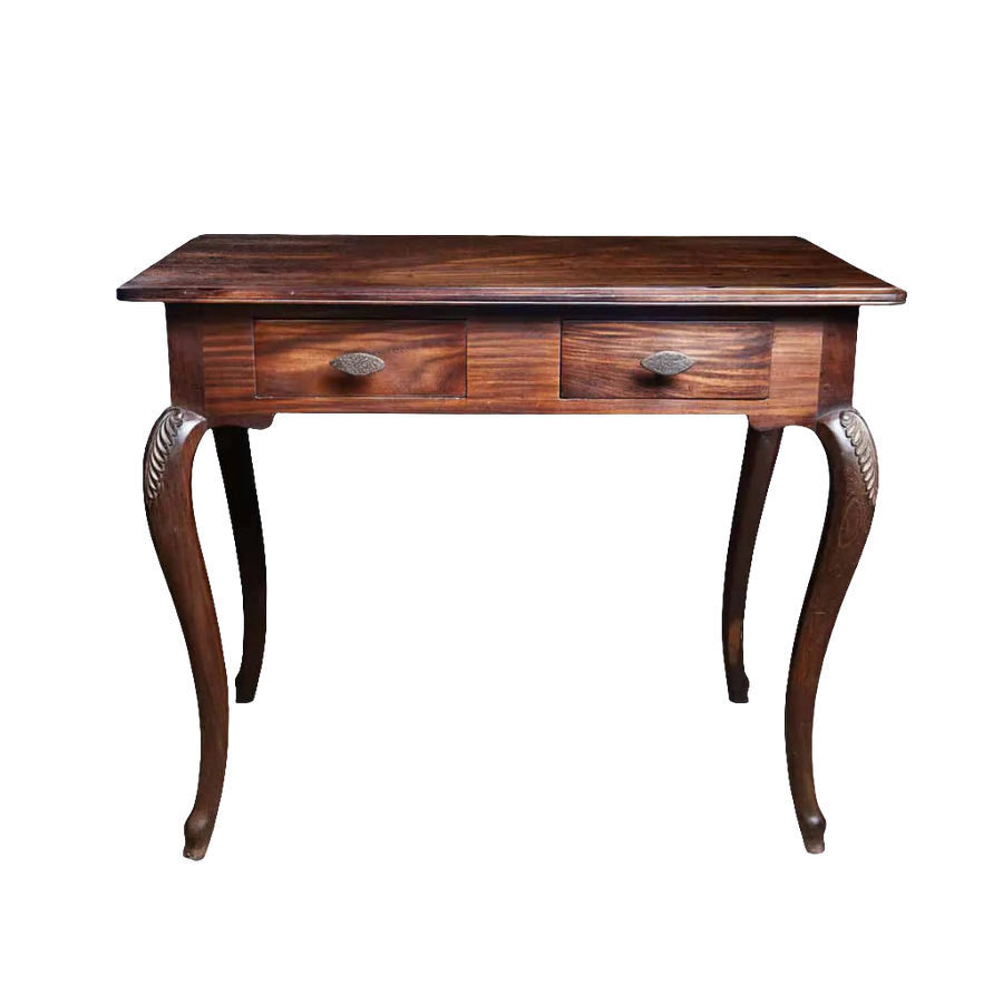 Ceylonese Writing Table with single long drawer, carved cabriole legs, dark wood finish, classic antique style.