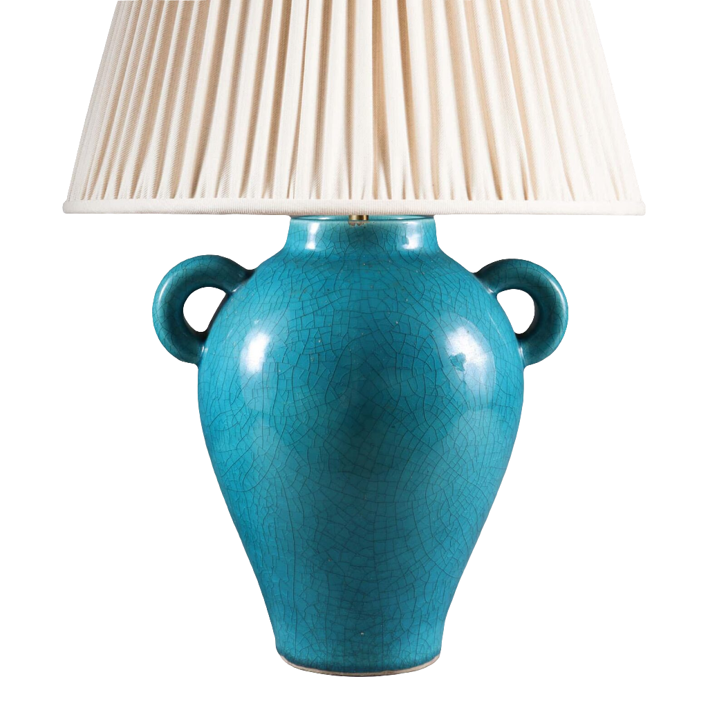 Blue Crackle Glazed Vase by Signed Keramos mounted as a table lamp with cream pleated shade, circa 1960, France.