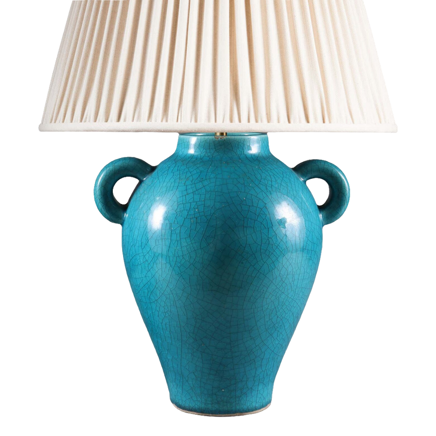 Blue Crackle Glazed Vase by Signed Keramos mounted as a table lamp with cream pleated shade, circa 1960, France.