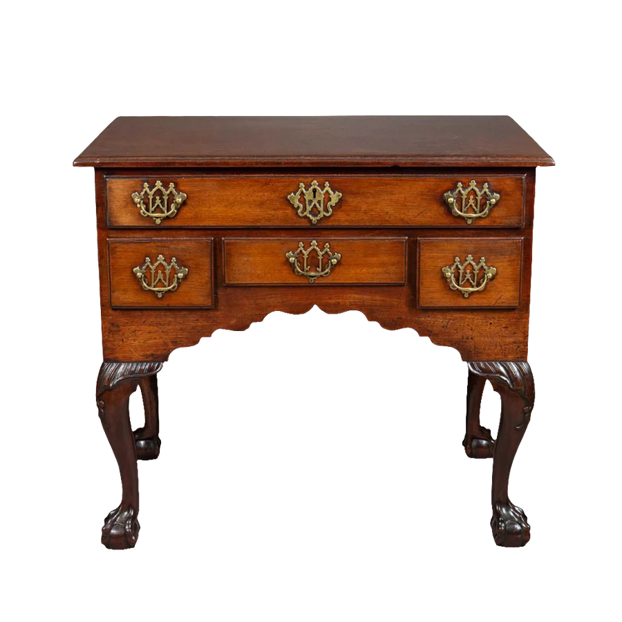 George I Oak Low Boy with thumb molded top, five drawers, gothic brass handles, ogee apron, and ball claw feet.