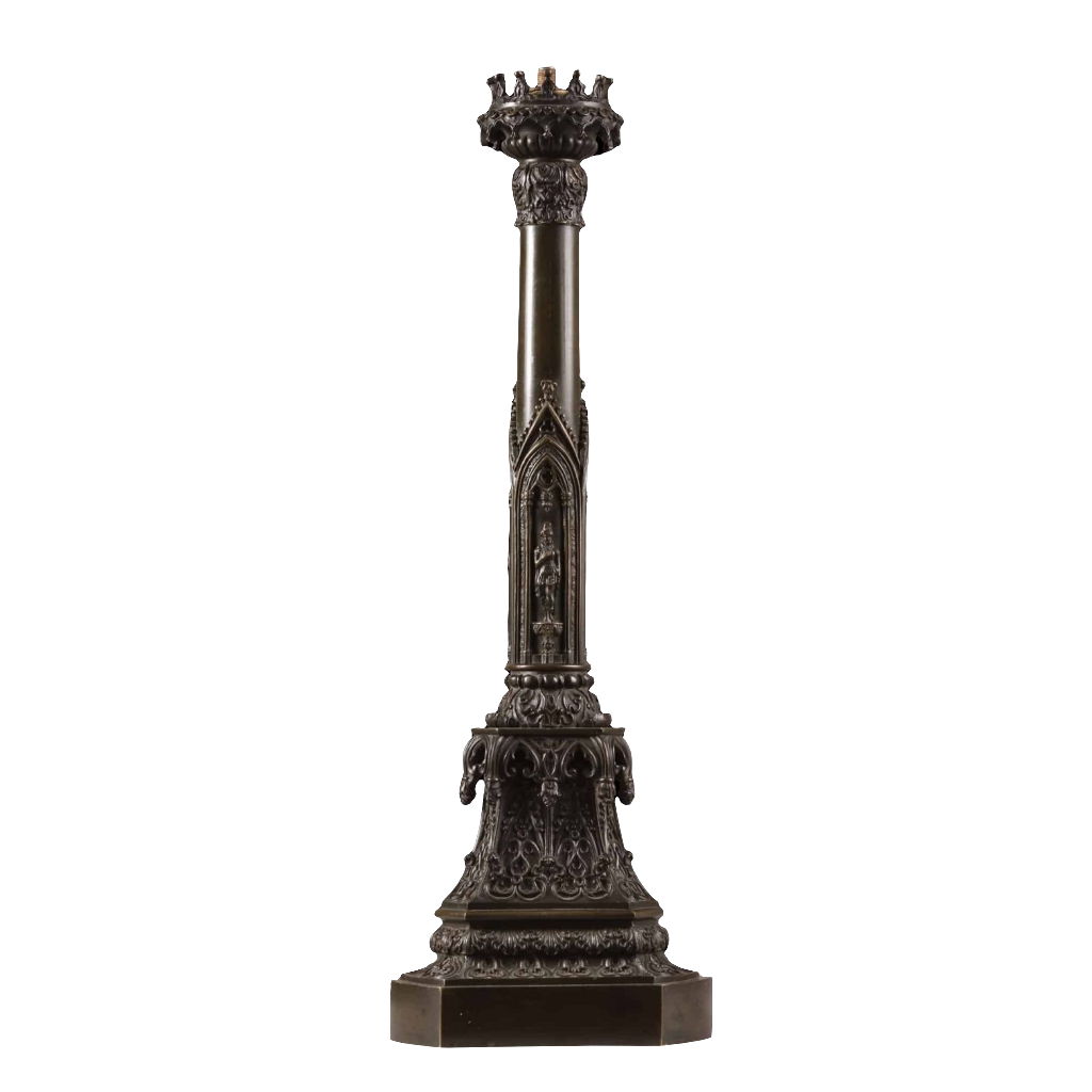 A William IV bronze gothic column lamp with crown capital and medieval-style figures on a decorated triangular plinth.