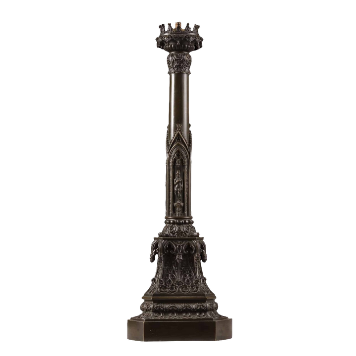 A William IV bronze gothic column lamp with crown capital and medieval-style figures on a decorated triangular plinth.