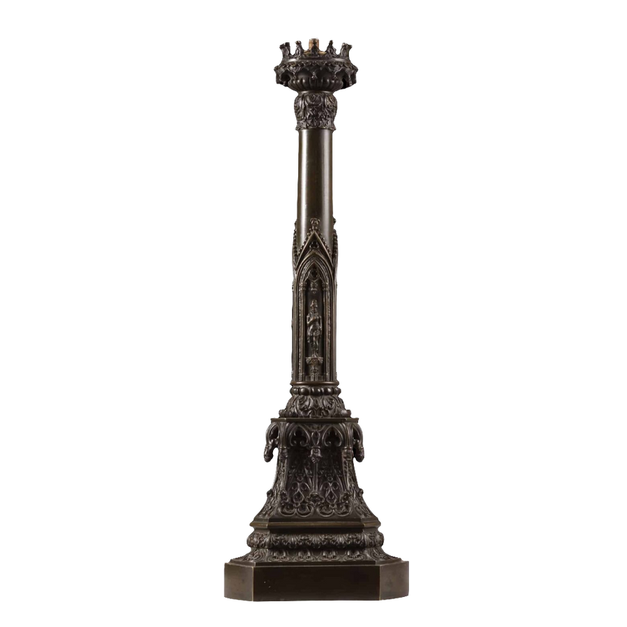 A William IV bronze gothic column lamp with crown capital and medieval-style figures on a decorated triangular plinth.