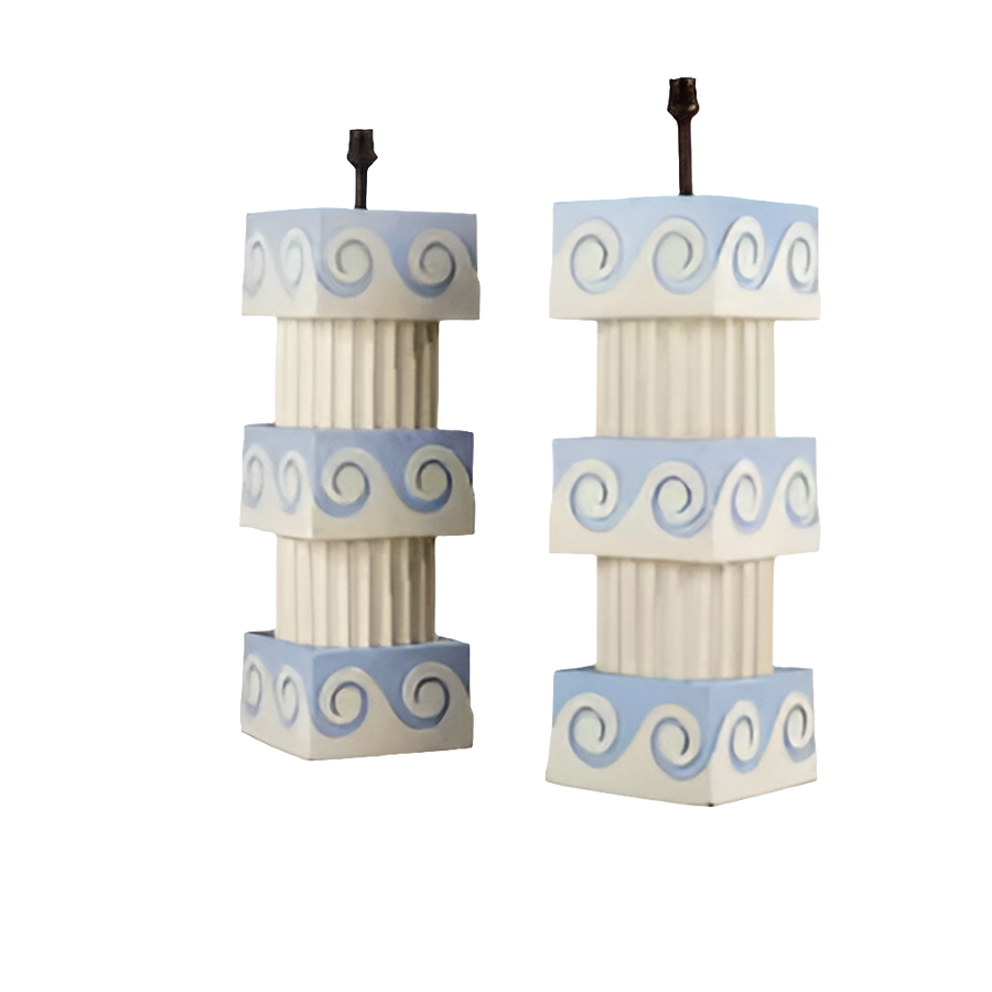 A Pair of Vitruvian Scroll Column Lamps with fluted wooden columns and blue scroll ornament cubes.