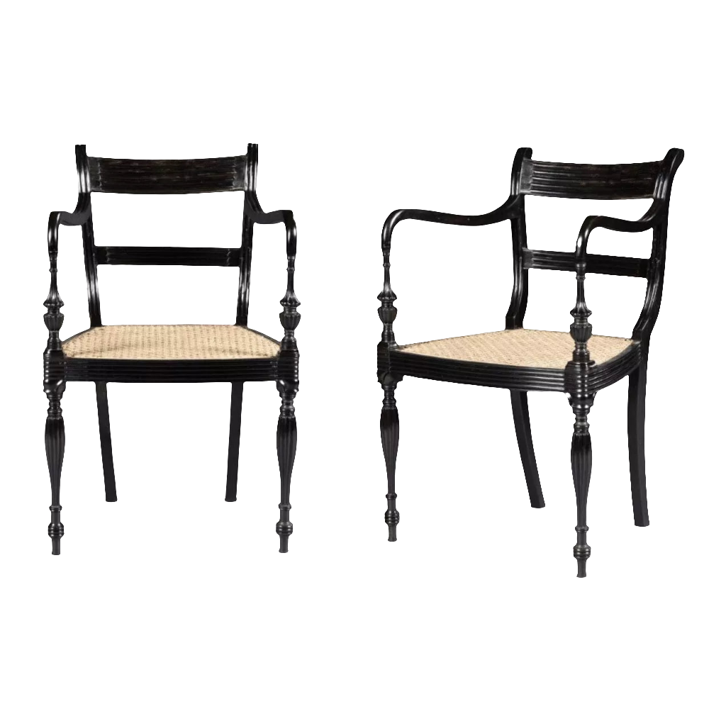 Pair of Anglo-Ceylonese Ebony Open Armchairs