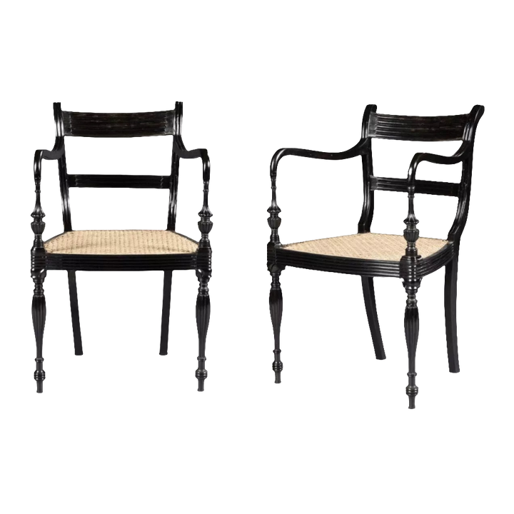 Pair of Anglo-Ceylonese Ebony Open Armchairs