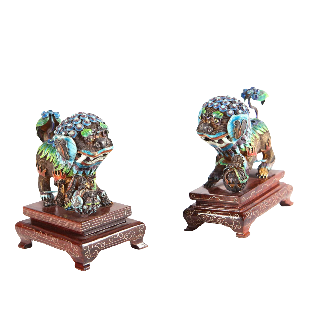 Pair of Chinese silver gilt enamel Dogs of Fo