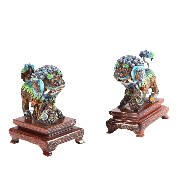 Pair of Chinese silver gilt enamel Dogs of Fo