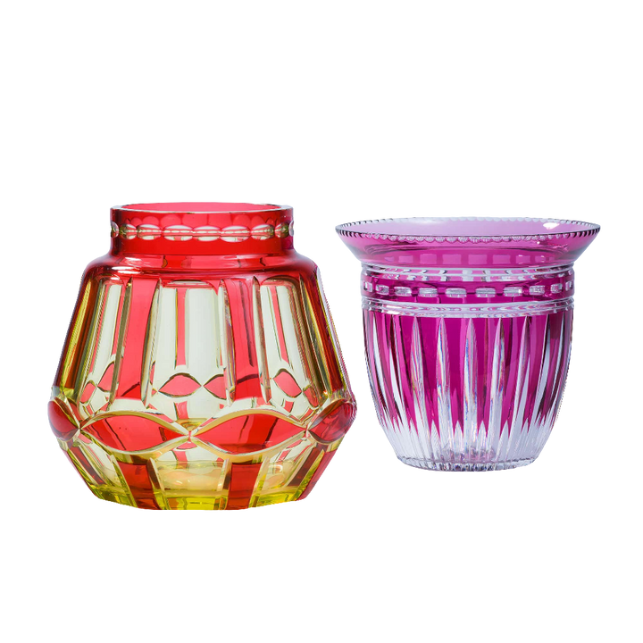 Val St Lambert Hand Blown Pink over Clear Cut Art Deco Glass Vase