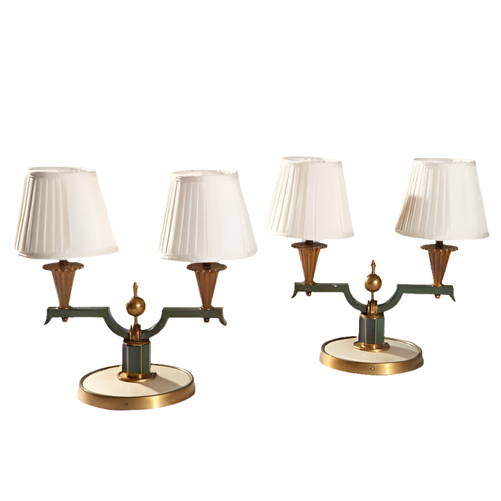 Pair of Genet & Michon Bronze Table Lamps with white shades, French Art Deco style, circa 1930, gilded bronze design.