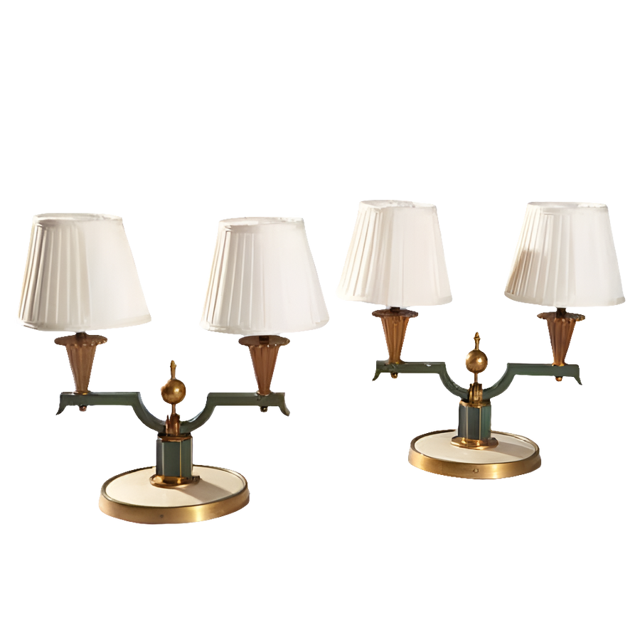 Pair of Genet & Michon Bronze Table Lamps with white shades, French Art Deco style, circa 1930, gilded bronze design.