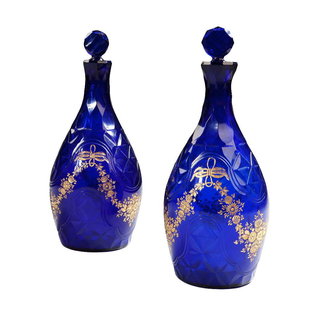 Pair Of Blue Glass Facet Cut Decanters