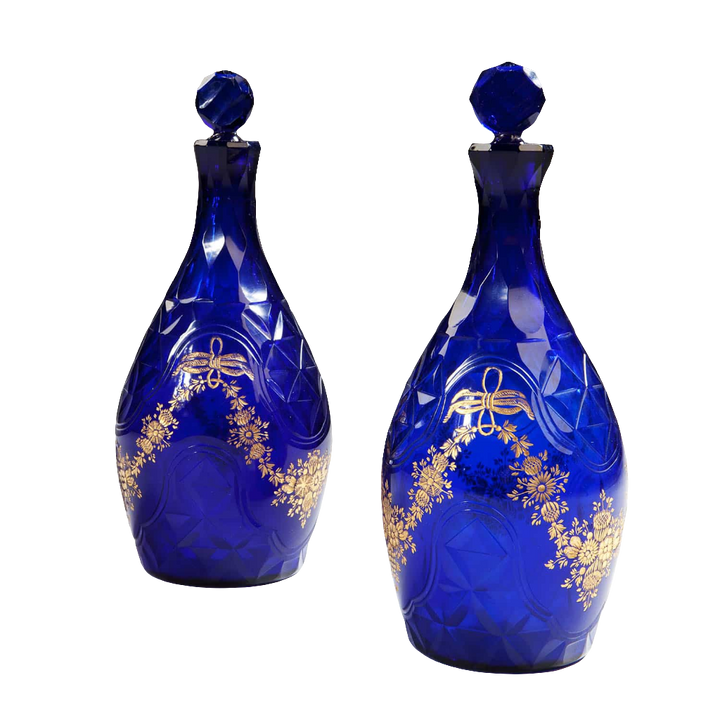 Pair Of Blue Glass Facet Cut Decanters