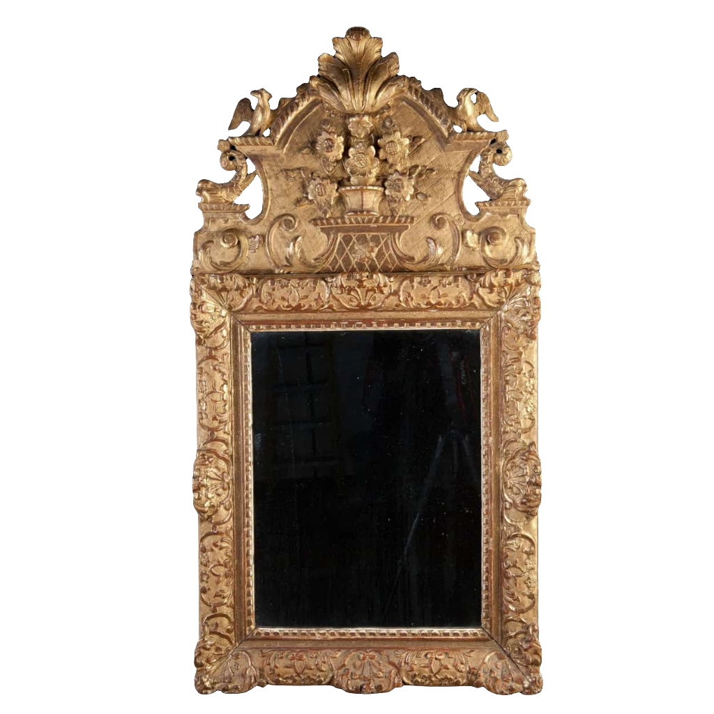 Fine 18th Century Giltwood Wall Mirror 105x53cm with ornate floral and bird crest, Dutch Netherlands circa 1750.