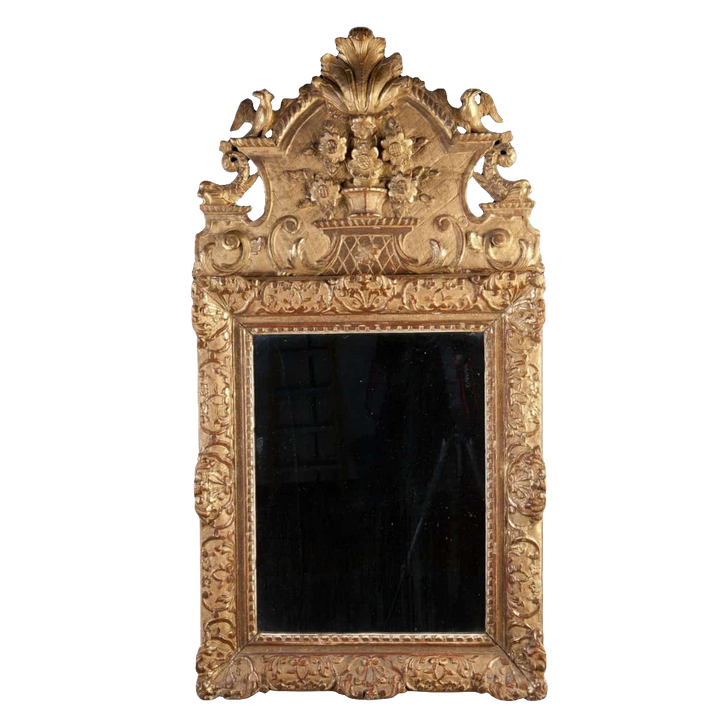 Fine 18th Century Giltwood Wall Mirror 105x53cm with ornate floral and bird crest, Dutch Netherlands circa 1750.