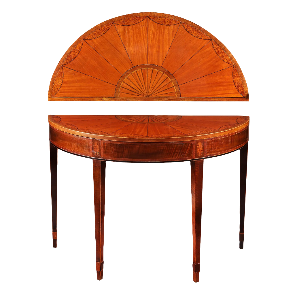 George III Irish Demi Lune Card Table with satinwood fan inlay and tapered legs, late 18th century Irish furniture.