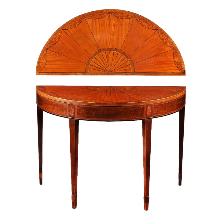 George III Irish Demi Lune Card Table with satinwood fan inlay and tapered legs, late 18th century Irish furniture.