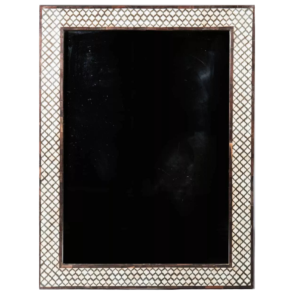 Geometric Pattern Bone Inlaid Wall Mirror 122x92cm with intricate geometric bone inlay frame, circa 1980 India.