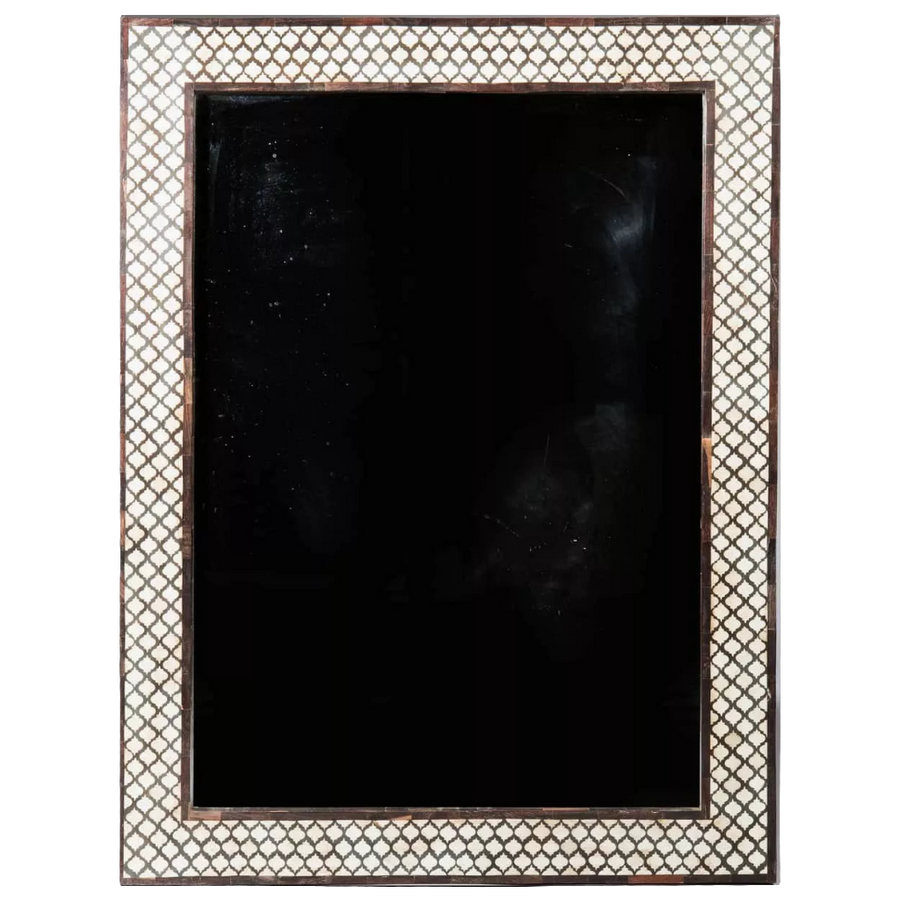 Geometric Pattern Bone Inlaid Wall Mirror 122x92cm with intricate geometric bone inlay frame, circa 1980 India.