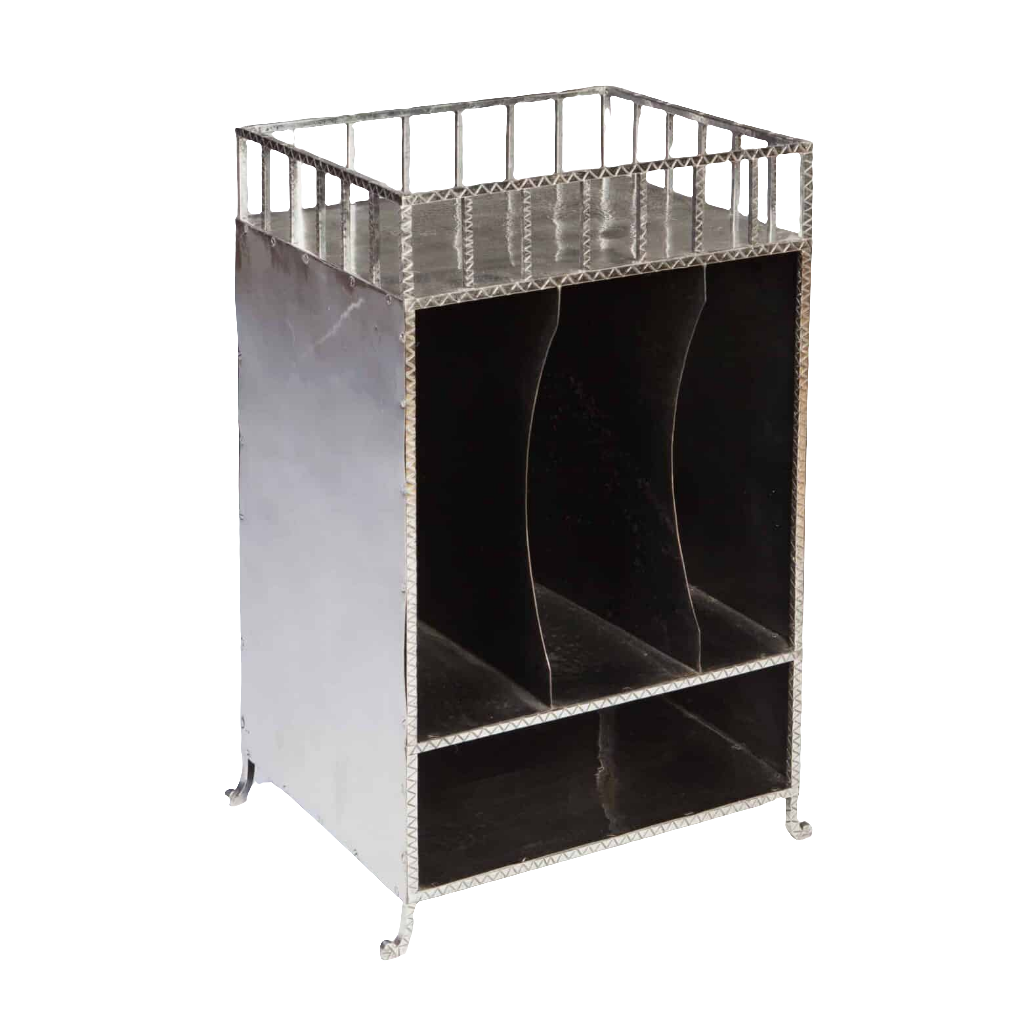 French Modernist Polished Steel Cabinet with cross-hatched gallery, three vertical divisions, shelf, and scroll legs.