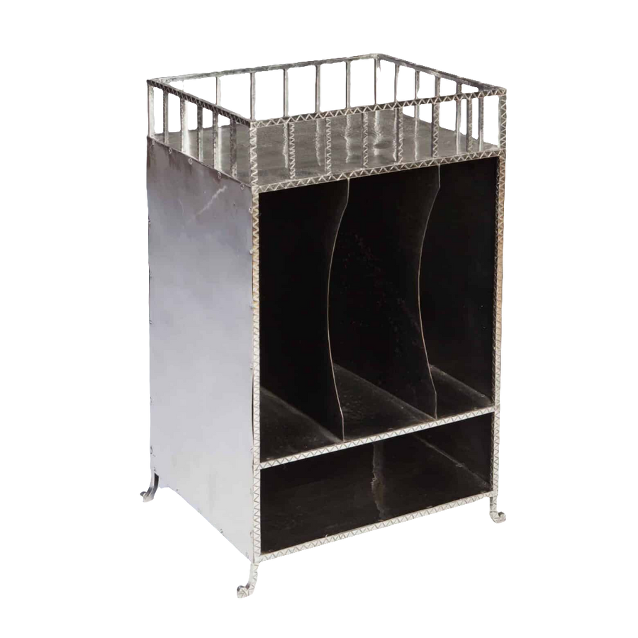 French Modernist Polished Steel Cabinet with cross-hatched gallery, three vertical divisions, shelf, and scroll legs.
