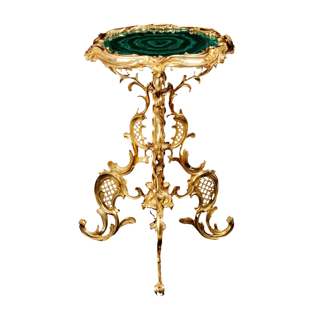 Rococo Ormolu Malachite Table with gilded bronze ornate base and vibrant green malachite top, circa 1865, France.