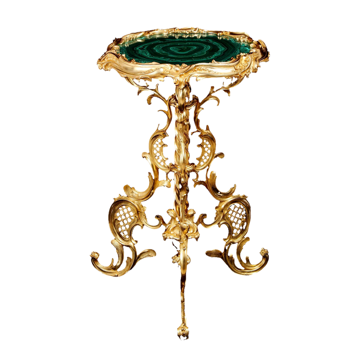 Rococo Ormolu Malachite Table with gilded bronze ornate base and vibrant green malachite top, circa 1865, France.