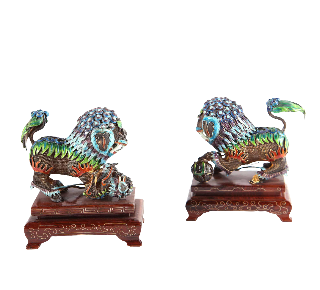 Pair of Chinese silver gilt enamel Dogs of Fo