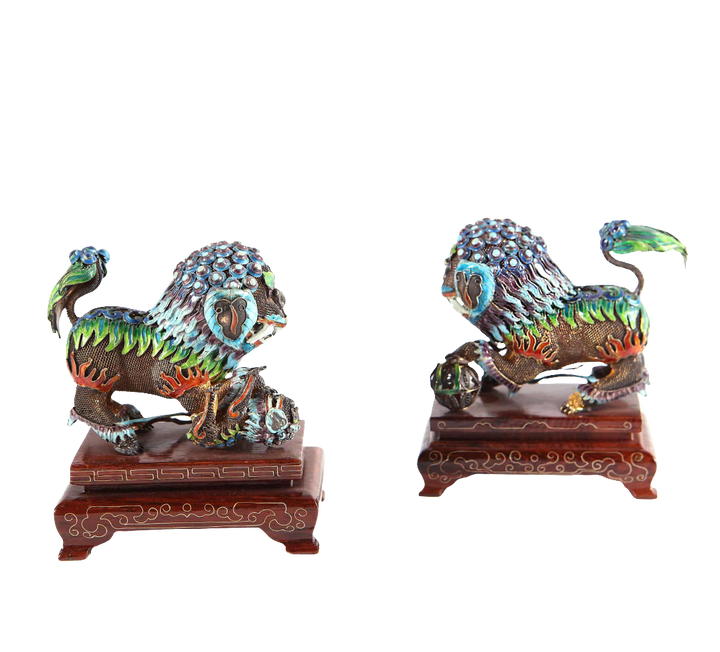 Pair of Chinese silver gilt enamel Dogs of Fo