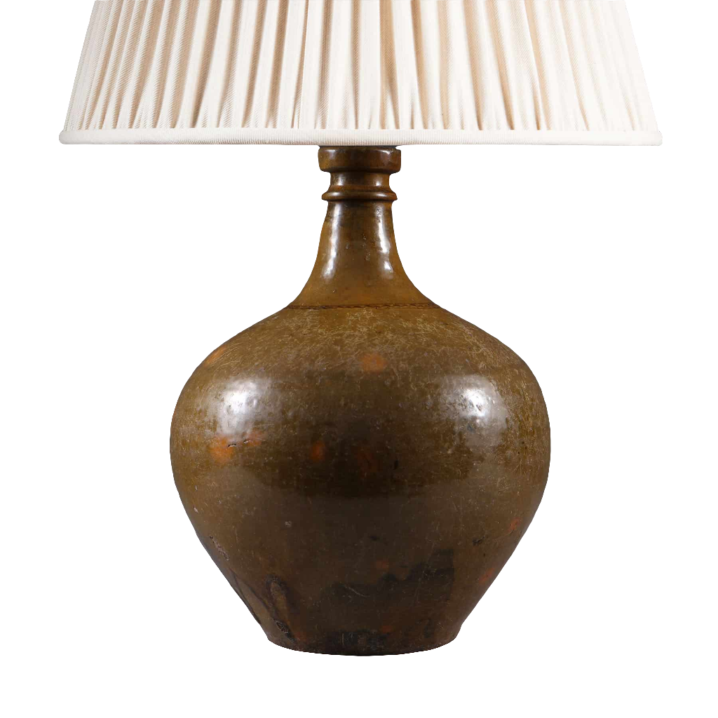 Ceramic Glazed Bottle Vase Mounted as a Table Lamp with brown glazed ceramic base and white pleated lampshade.