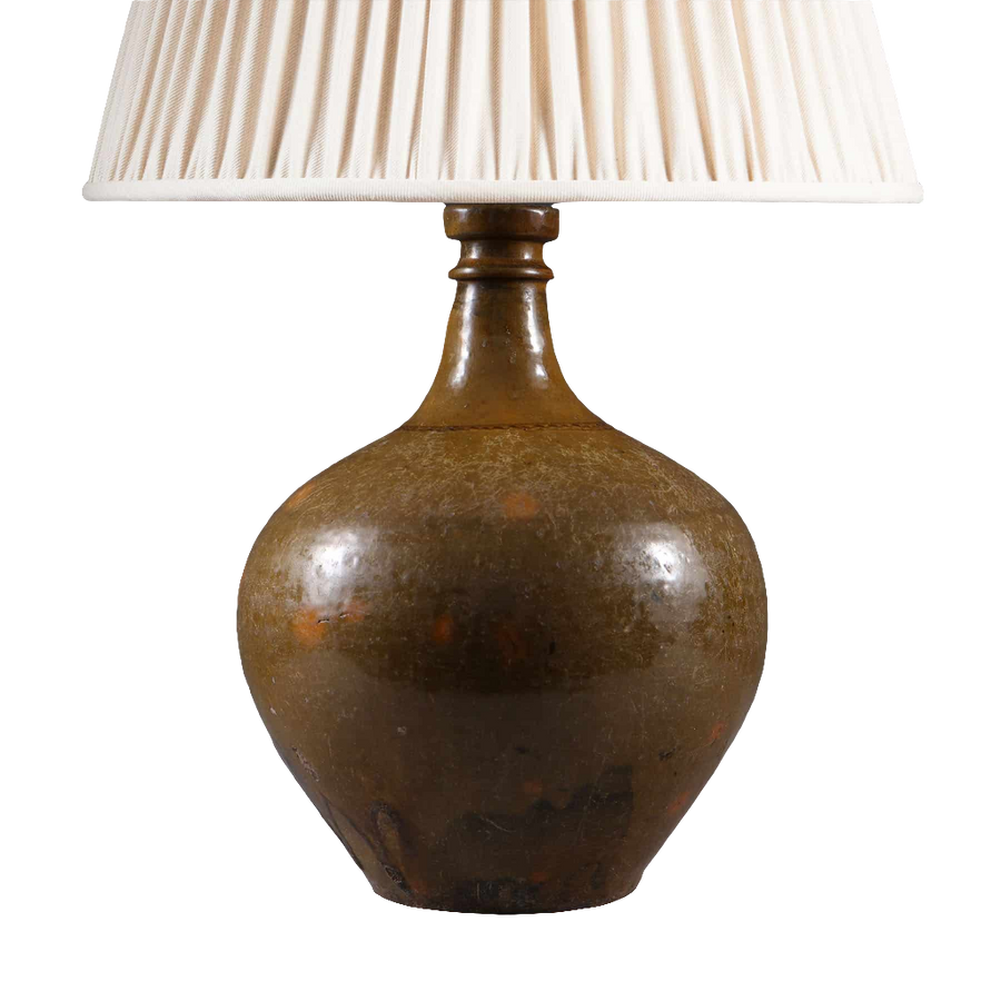 Ceramic Glazed Bottle Vase Mounted as a Table Lamp with brown glazed ceramic base and white pleated lampshade.