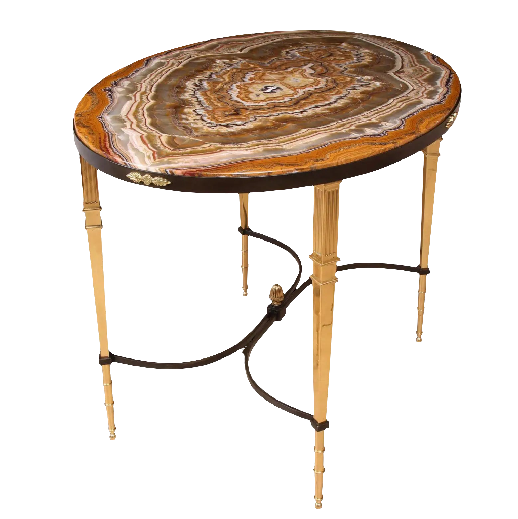 Bronze Oval Centre Table with polished Alabastro Fiorito top and gilt bronze oval base, Art Deco style, France circa 1930.