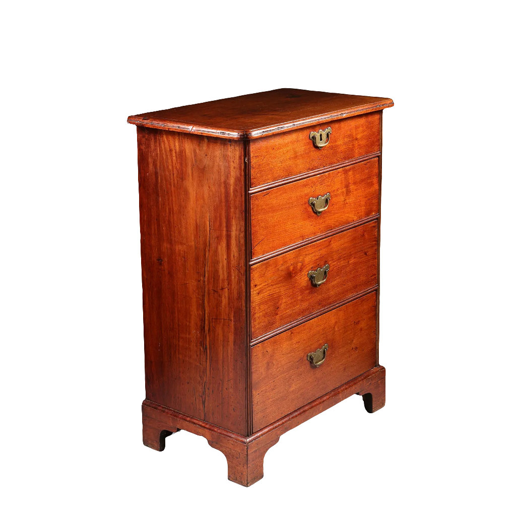 George I Pedestal Chest of Drawers in mahogany with four brass-handled drawers and ogee bracket feet.