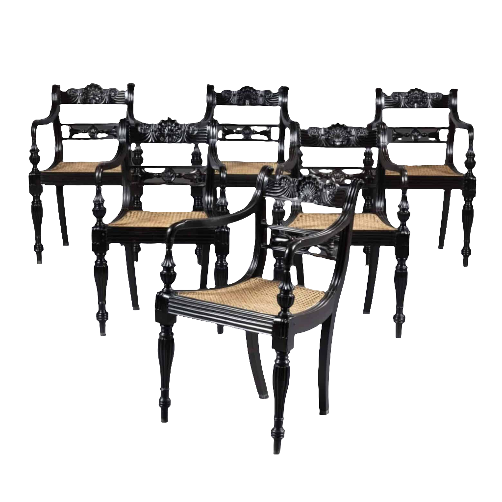 Set of Six Anglo-Indian Ceylonese Ebony Armchairs
