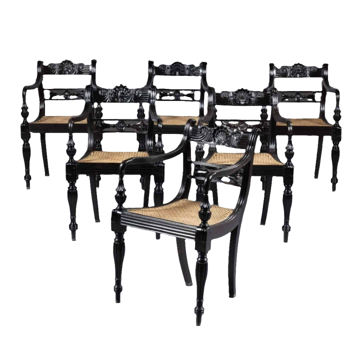 Set of Six Anglo-Indian Ceylonese Ebony Armchairs