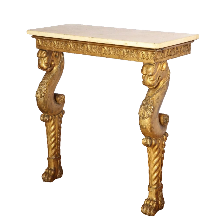 Regency Giltwood Console Table After the Antique with white marble top and gilt chimera legs, circa 1810 English Regency style.