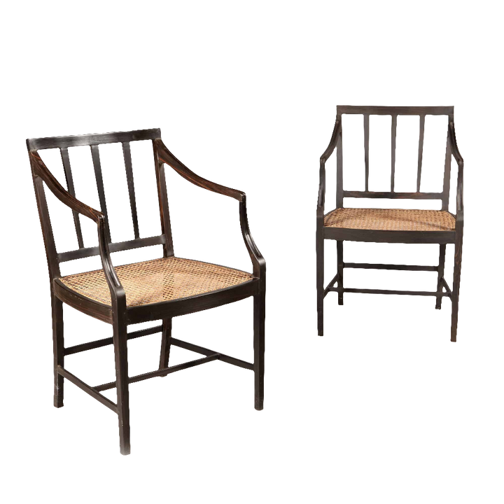 12 Solid Ebony Anglo Indian Dining chairs with Caned Seats