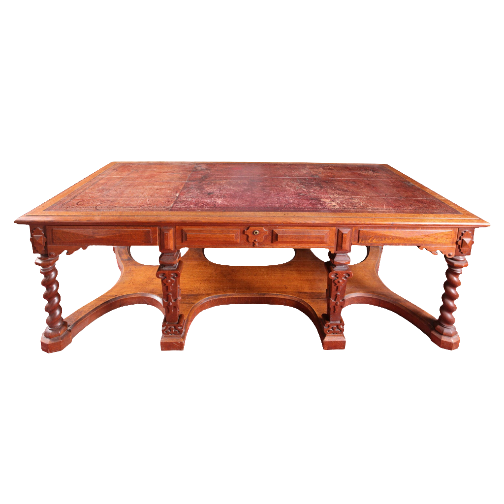 Richard Bridgens Partners Desk in oak with tooled leather top, barley twist legs, and Renaissance-inspired base, circa 1820 England