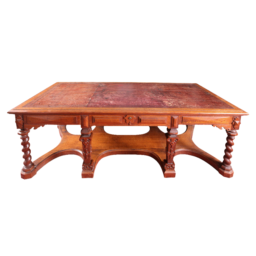 Richard Bridgens Partners Desk in oak with tooled leather top, barley twist legs, and Renaissance-inspired base, circa 1820 England