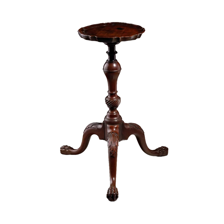 George III Mahogany Kettle Stand, rare mid-18th century tripod with piecrust top, handcrafted England circa 1765.