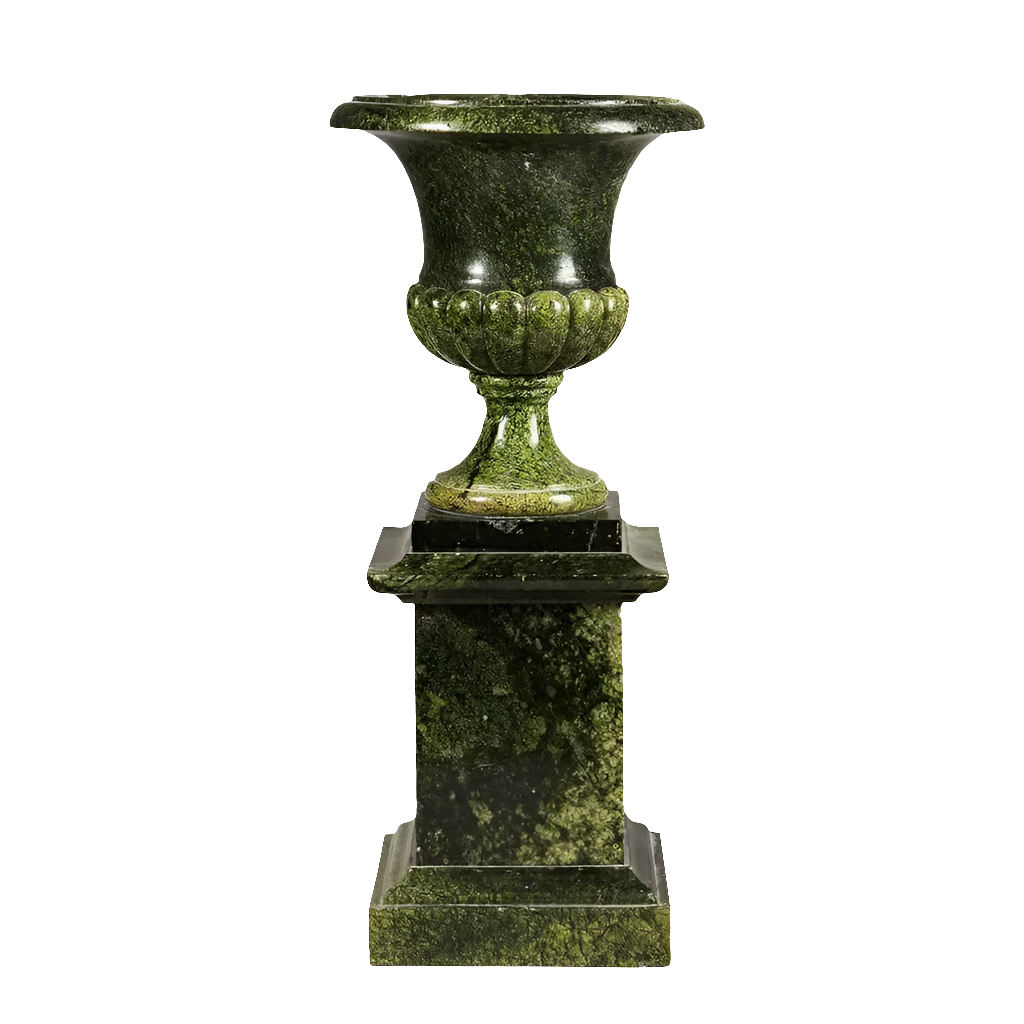 A remarkable green Alps Jade campagna vase on stand
