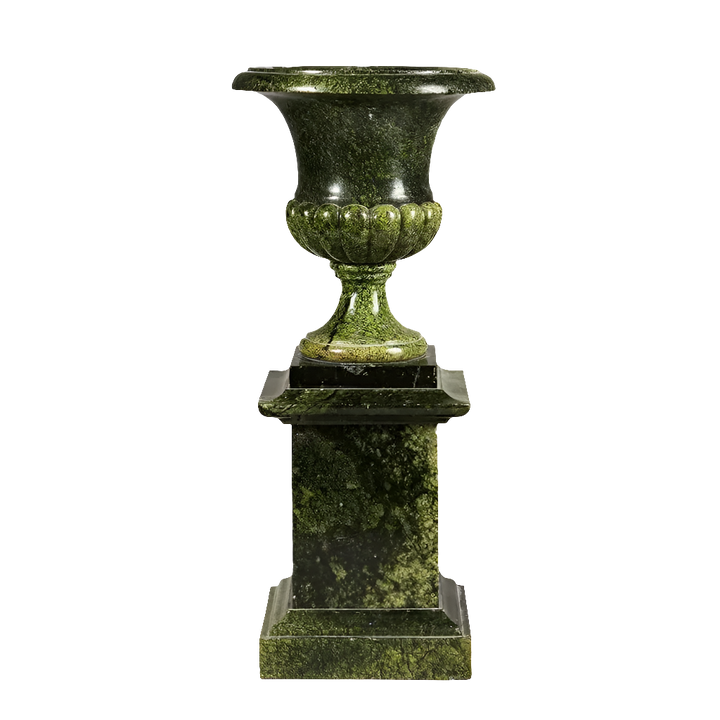 A remarkable green Alps Jade campagna vase on stand