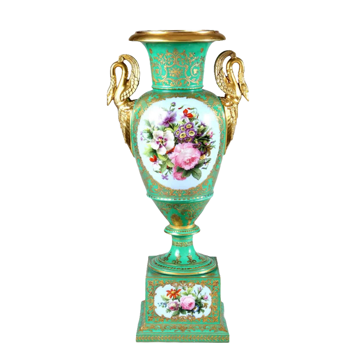 Large Paris Porcelain Green Glazed, Floral and Gold Vase