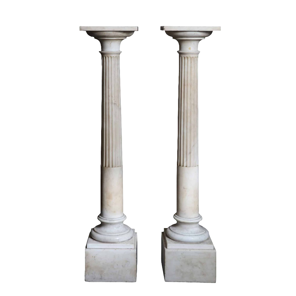 Pair of White Carrara Marble Sculpture Gallery Pedestals with fluted columns and stepped square bases, circa 1800.