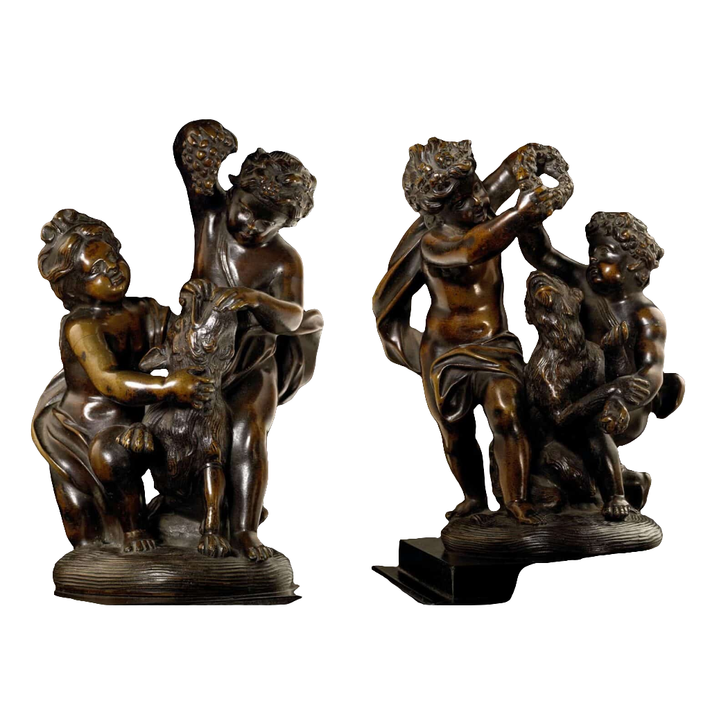 Pair of bronze cherub groups playing with a monkey and dog, holding garlands and feeding grapes, circa 1700.